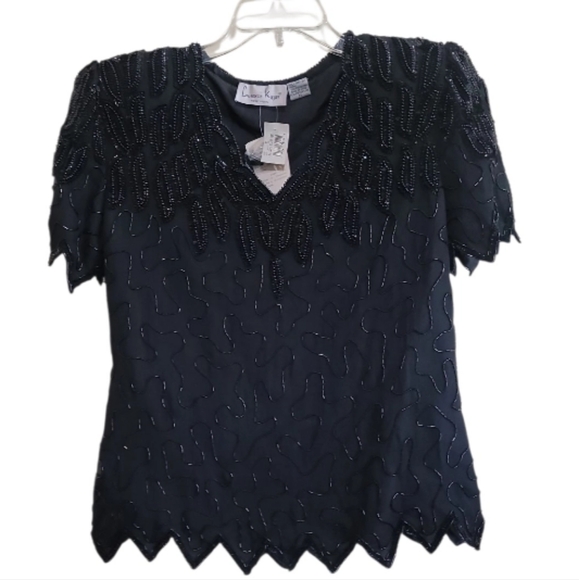 Laurence Kazar Vintage Stenay Black Silk Beaded Sequin Top Size Medium NWT - Picture 1 of 6